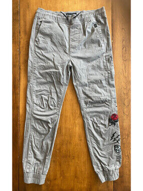 Boys NITROUS BLACK EMBROIDERED JOGGERS Pull On ELASTIC WAIST Patches GRAY nwot M